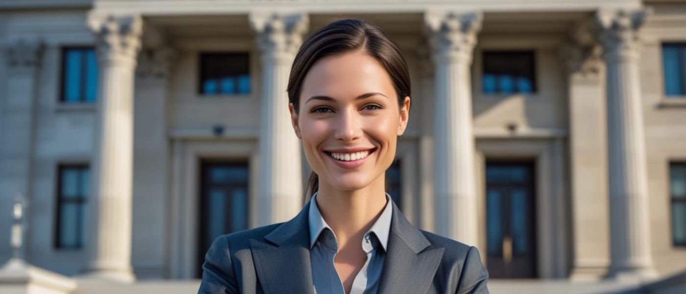 Criminal Justice Header Criminal Femal Lawyer in Front of Court Building